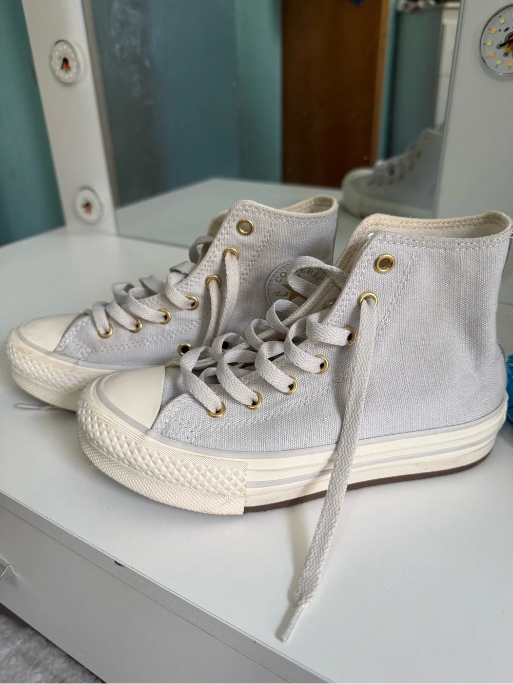 Converse High Top Sneakers in Light Beige with Gold Eyelets
